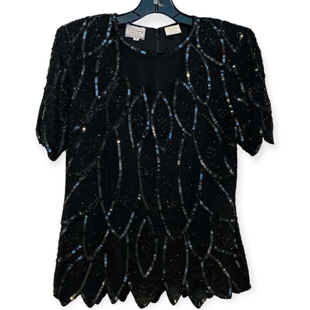 80’s Vintage Sténay Black Sequin Beaded Silk Sheer Illusion Top Size Small